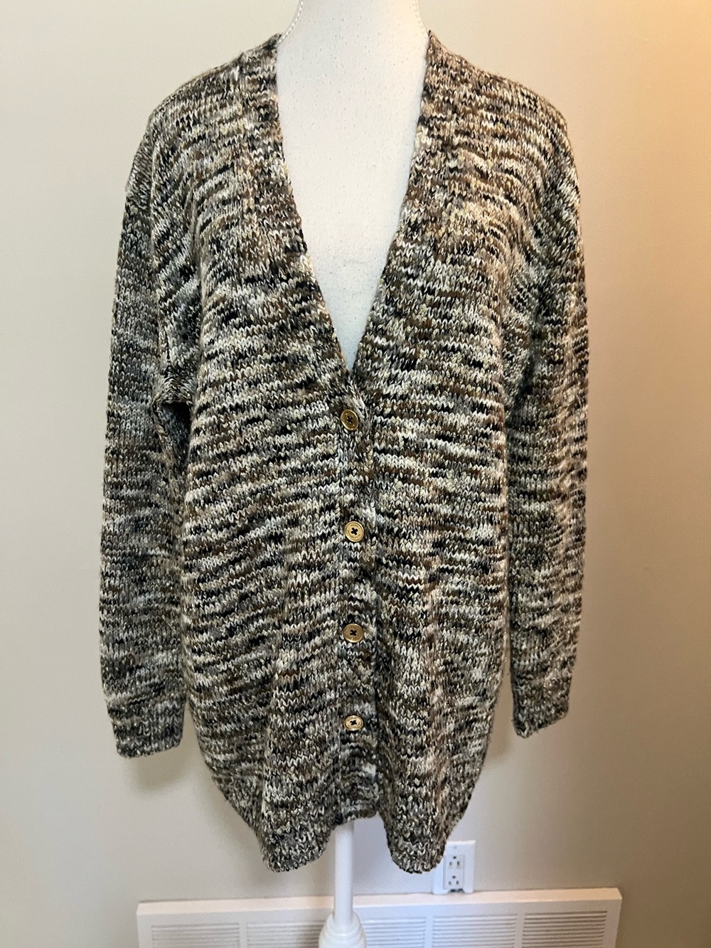 MICHAEL Michael Kors Multi-Neutral Metallic Knit Cardigan - Gold Button